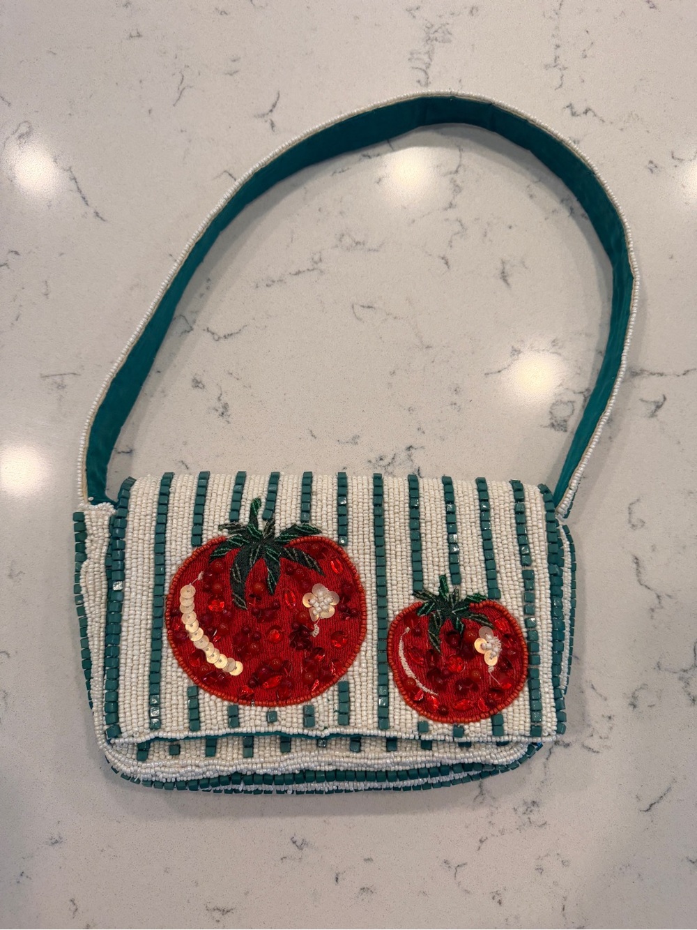 Viral Beaded Tomato Appliqué Shoulder Bag - Green/White